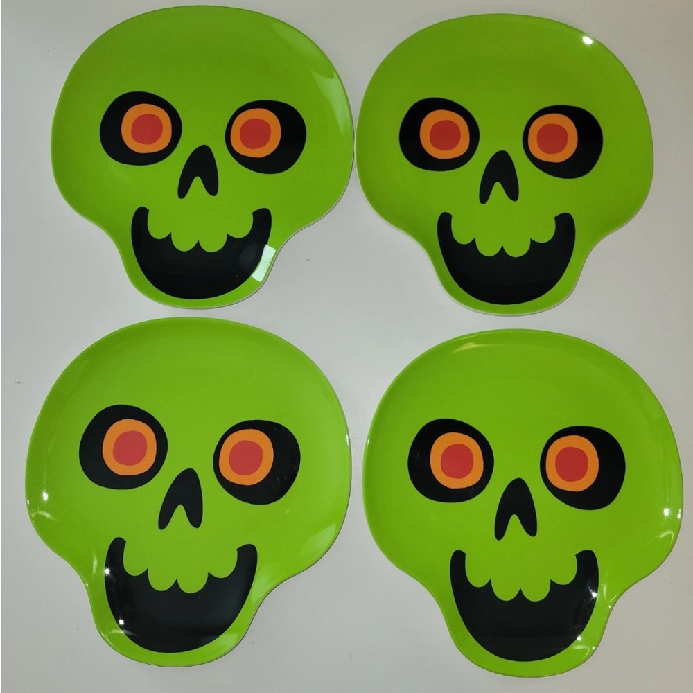 4 ct Set Hyde & Eek Melamine 9” Plates Green Skeleton Skull Halloween Lot Salad